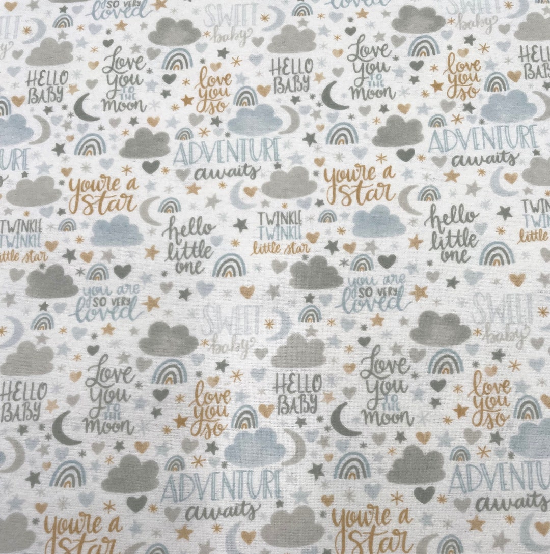 1161 Flannel Fabric White With Light Blue Gray Brown Baby Words ...
