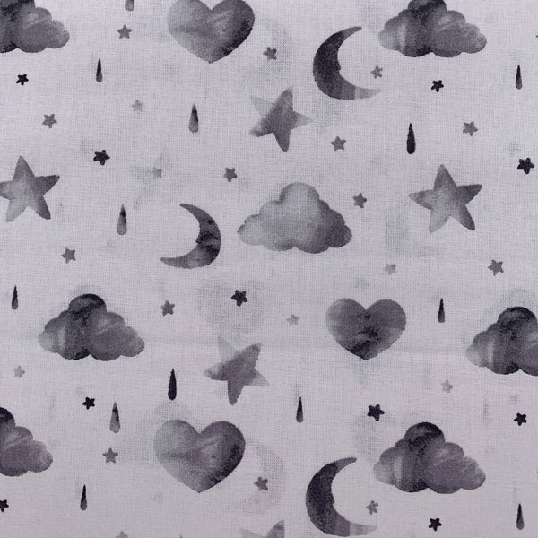 517 COTTON fabric white background with gray clouds moons stars & raindrops sold by the yard.