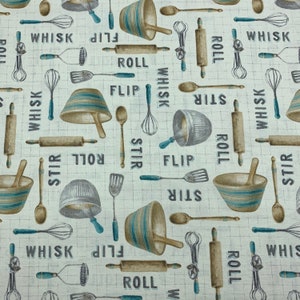 296 COTTON fabric cream background with mixing bowls and utensils sold by the yard.