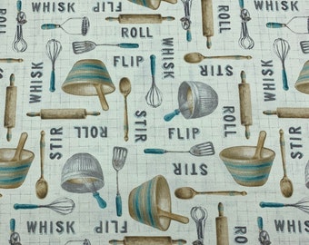 296 COTTON fabric cream background with mixing bowls and utensils sold by the yard.