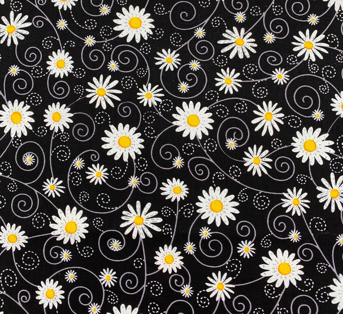 420 COTTON Fabric Black Background White Daisies With Yellow Etsy