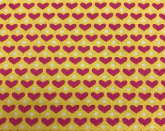 43 COTTON fabric yellow w tiny white dots and pink hearts sold by the yard