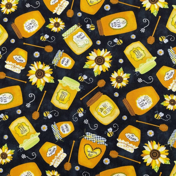 546 COTTON fabric black background with tossed honey jars sunflowers daisies bumble bees sold by the yard.