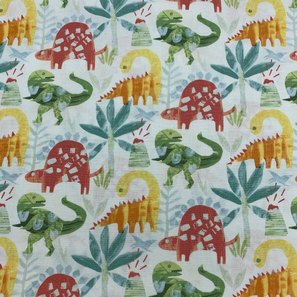 232 COTTON fabric white background with red yellow green dinosaurs blue palm trees sold by the yard.