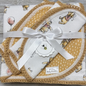 Hand Crochet edging flannel baby blanket double sided 2 matching burps perfect handmade baby shower gift New Baby Corporate Co-Worker gift