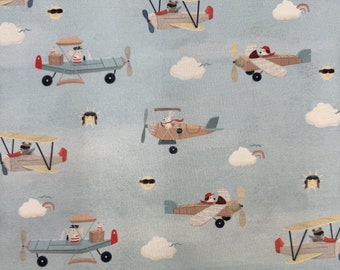 781 COTTON fabric pale blue sky background with animals in airplanes sold by the yard.