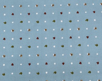 702 COTTON fabric teal blue with white dots ladybugs bumble bees & leaves sold by the yard.