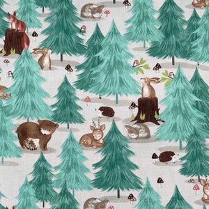 728 COTTON fabric white with big forest trees baby animals birds & mushrooms sold by the yard.