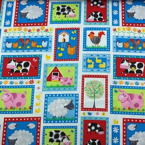 May include: A white fabric with a repeating pattern of colorful squares. Each square features a different farm animal, including cows, pigs, sheep, chickens, and ducks. The background is white with a small floral pattern.