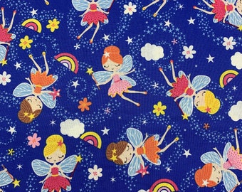 141 COTTON fabric royal blue with tossed fairies flowers rainbows clouds and stars sold by the yard.