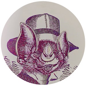 May include: A purple and white illustration of a bat wearing a top hat. The bat has a large nose and is smiling.