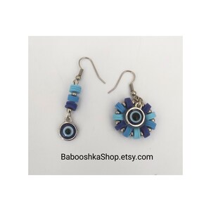 Asymmetrical earrings with a lucky Turkish eye (blue tones)