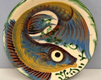 Grande assiette vintage Puigdemont poisson des années 1960-1970 rétro plateau de service avec poisson vert bleu design Espagne Espagnol