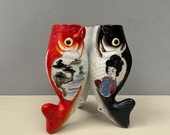 Hand decorated Japanese fish vase. Vintage Lucky Carp bud vase Oriental red green black triple koi