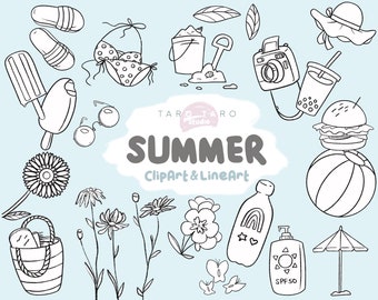 Hand Drawn Summer themed Clip Art Set / LineArt / Stickers / Beach / Holiday / Colouring /  Black and White / GoodNotes / Doodles