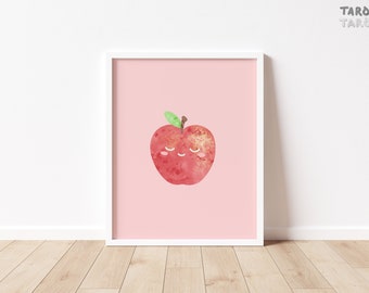 Cute Apple Print, Kids Room Art, Nursery Fruit Illustration, Kawaii Fruit Decor