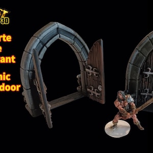 Peut inclure: Une porte gothique à deux battants imprimée en 3D, avec une arche en pierre et des portes en bois. L'image comprend une figurine de guerrier miniature avec une épée. Le texte sur l'image indique "HeroQuest 3D" et "Grande porte gothique double battant."