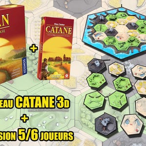 May include: A Catan board game set with a red box featuring a sunset scene and the text "CATAN LE JEU DE BASE". Includes a 3D game board, hexagonal tiles, and the text "PLATEAU CATANE 3D + EXTENSION 5/6 JOUEURS".