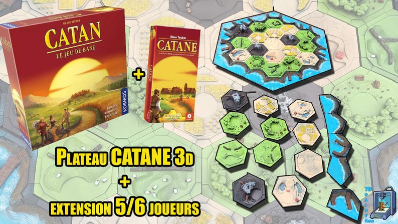 May include: A Catan board game set with a red box featuring a sunset scene and the text "CATAN LE JEU DE BASE". Includes a 3D game board, hexagonal tiles, and the text "PLATEAU CATANE 3D + EXTENSION 5/6 JOUEURS".