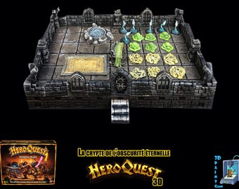 May include: A detailed miniature dungeon set for a tabletop game. The set includes stone walls, a golden rug, and various game pieces, including monsters and terrain elements. The box art for "HeroQuest" is visible.