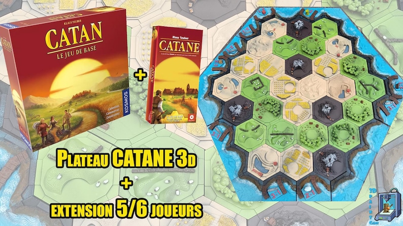 May include: A Catan board game set with a 3D game board and expansion for 5/6 players. The box is red with the game title and a sunset scene. The game board features hexagonal tiles in various colors, including green, beige, and blue.