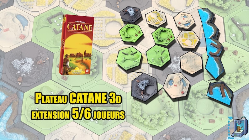 May include: A board game setup with a red box labeled "CATANE" and various hexagonal terrain tiles. The text "Plateau CATANE 3d EXTENSION 5/6 JOUEURS" is displayed. The game pieces include land, sea, and resource tiles.