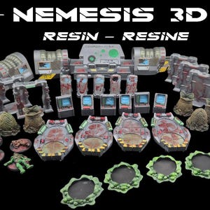 May include: A collection of 3D-printed resin terrain pieces for tabletop gaming. The set includes modular structures, consoles, alien eggs, and other sci-fi themed elements. The text "NEMESIS 3D" and "RESIN - RESINE" are displayed at the top.