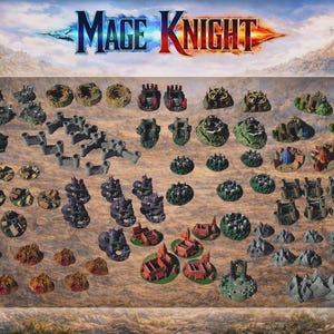 May include: A selection of miniature terrain pieces for the Mage Knight board game. The pieces include castles, fortresses, and rocky formations in various colours like green, brown, and grey. The Mage Knight logo is at the top.