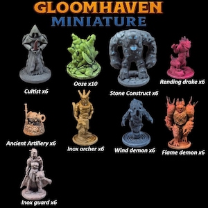 Peut inclure: Ensemble de figurines miniatures Gloomhaven, comprenant un cultiste, une substance gluante, une construction de pierre, un drake déchirant, une artillerie ancienne, un archer Inox, un démon du vent, un démon de flamme et une garde Inox. Chaque figurine est unique.