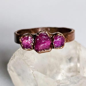 Raw Ruby Triple Stone Custom Ring, Copper Electroformed Ring, Raw Stone Ring