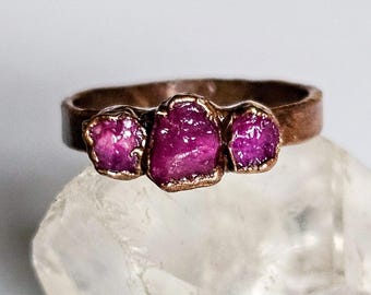 Raw Ruby Triple Stone Custom Ring, Copper Electroformed Ring, Raw Stone Ring