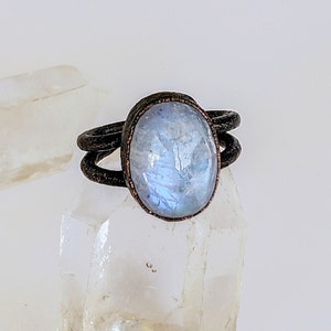 Large Rainbow Moonstone Custom Ring, Copper Electroformed Ring, Boho Statement Ring