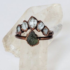 Moldavite and Herkimer Diamond Custom Ring Set, Copper Electroformed Ring, Raw Stone Ring, Boho Moldavite Copper Ring, Raw Stone Ring Set