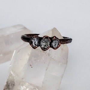 Herkimer Diamond Triple Stone Ring, Copper Electroformed Ring, Raw Stone Ring