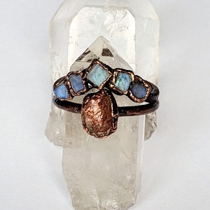 Raw Sunstone and Rainbow Moonstone Ring Set, Copper Electroformed Ring Set, Alternative Engagement Ring, Boho Sunstone Moonstone Copper Ring