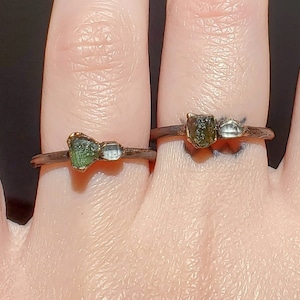 Moldavite and Herkimer Diamond Custom Ring, Copper Electroformed Ring, Raw Stone Ring, Boho Moldavite Copper Ring