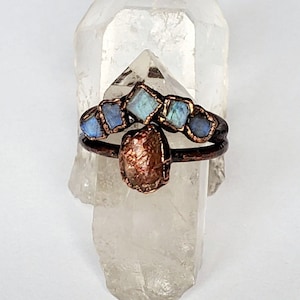 Raw Sunstone and Rainbow Moonstone Ring Set, Copper Electroformed Ring Set, Alternative Engagement Ring, Boho Sunstone Moonstone Copper Ring