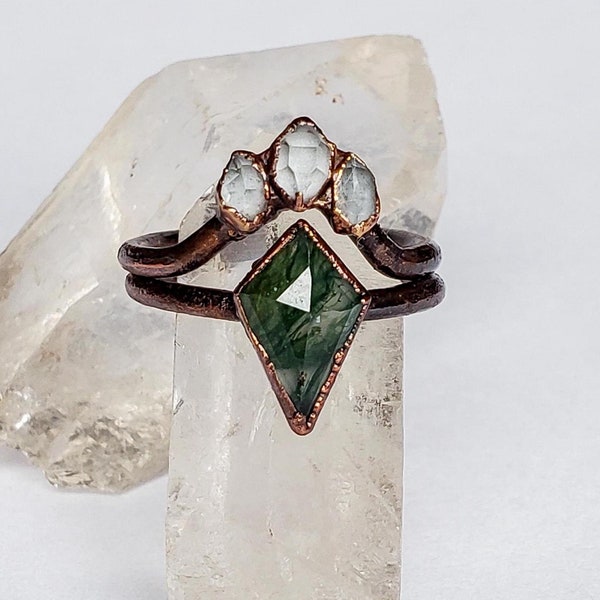 Moss Agate and Herkimer Diamond Custom Ring Set, Copper Electroformed Ring, Alternative Engagement Ring, Boho Moss Agate Ring Set