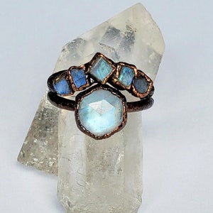 Hexagon Rainbow Moonstone and Raw Moonstone Ring Set, Alternative Engagement Ring, Copper Electroformed Ring, Boho Moonstone Ring Set