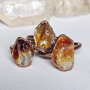 Rustikaler Citrin Punkt Benutzerdefinierte Ring, Elektrogeformter Kupfer Ring, Rohstein Ring, Boho Citrin Ring