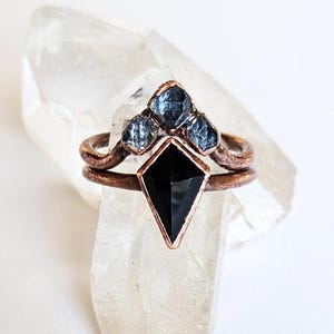 Obsidian Kite and Black Herkimer Diamond Ring Set, Alternative Engagement Ring, Geometric Ring Set, Copper Electroformed Ring