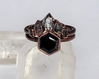 Obsidian Hexagon and Black Herkimer Diamond Ring Set, Alternative Engagement Ring, Geometric Ring Set, Copper Electroformed Ring