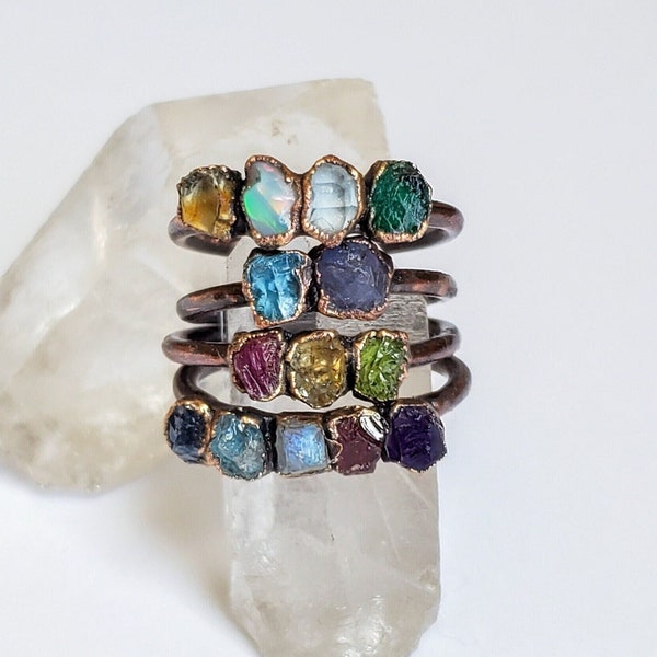 Aangepaste Birthstone Multi Stone Ring, Familie Birthstone Ring, Moeders Birthstone Ring, Ruwe Edelsteen Ring, Koperen Electroformed Ring