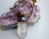 Raw Crystal and Amethyst Cluster Moonstone Necklace, Copper Electroformed Necklace, Raw Stone Necklace
