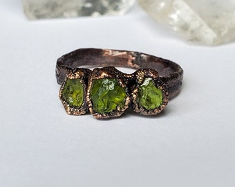 Raw Peridot Triple Stone Custom Ring, Copper Electroformed Ring,Raw Stone Ring, Electroformed Ring