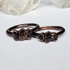 Black Herkimer Diamond Triple Stone Ring, Tibetan Quartz Ring, Copper Electroformed Ring, Raw Stone Ring