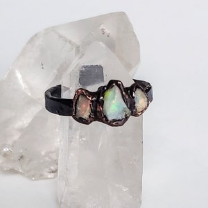 Raw Opal Triple Stone Ring, Raw Ethiopian Fire Opal Ring, Copper Electroformed Ring, Raw Stone Ring