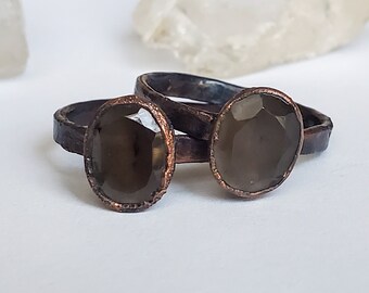 Faceted Smoky Quartz Custom Ring, Copper Electroformed Ring, Boho Smoky Quartz Ring