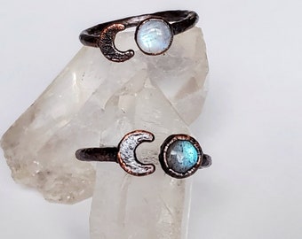 Copper Crescent Moon and Stone Ring, Moonstone Crescent Moon Ring, Labradorite Crescent Moon Ring, Copper Electroformed Ring