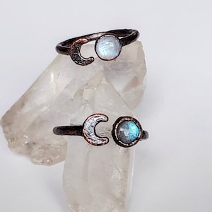 Copper Crescent Moon and Stone Ring, Moonstone Crescent Moon Ring, Labradorite Crescent Moon Ring, Copper Electroformed Ring